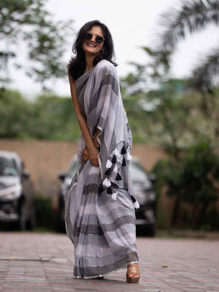 SAREEN Urban Grey Striped Mal Cotton Saree with Black & White Tassels