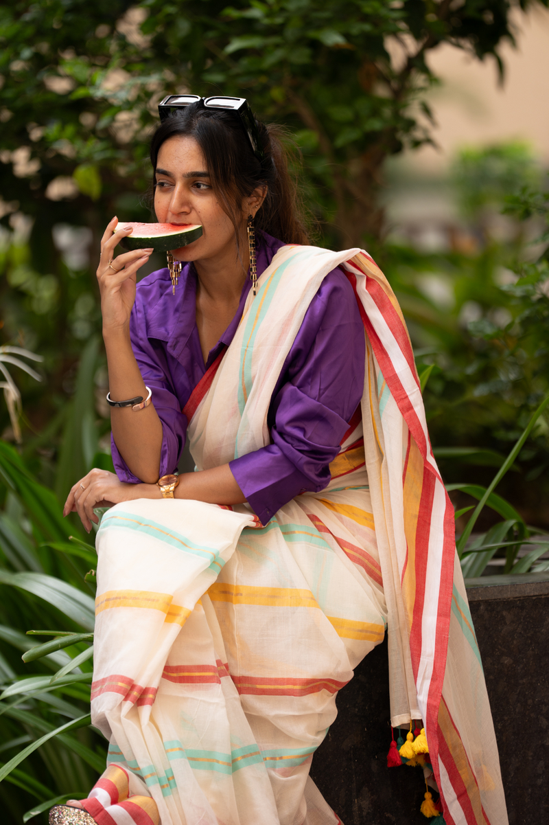 SAREEN Cream Striped Mal Cotton Saree with Multicolor Border & Tassels