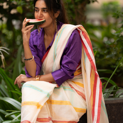 SAREEN Cream Striped Mal Cotton Saree with Multicolor Border & Tassels