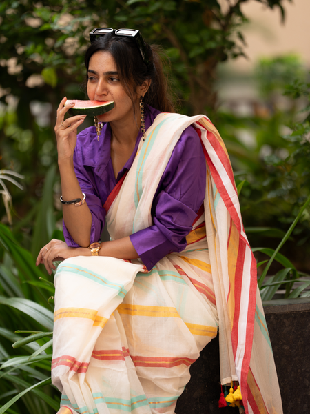 SAREEN Cream Striped Mal Cotton Saree with Multicolor Border & Tassels