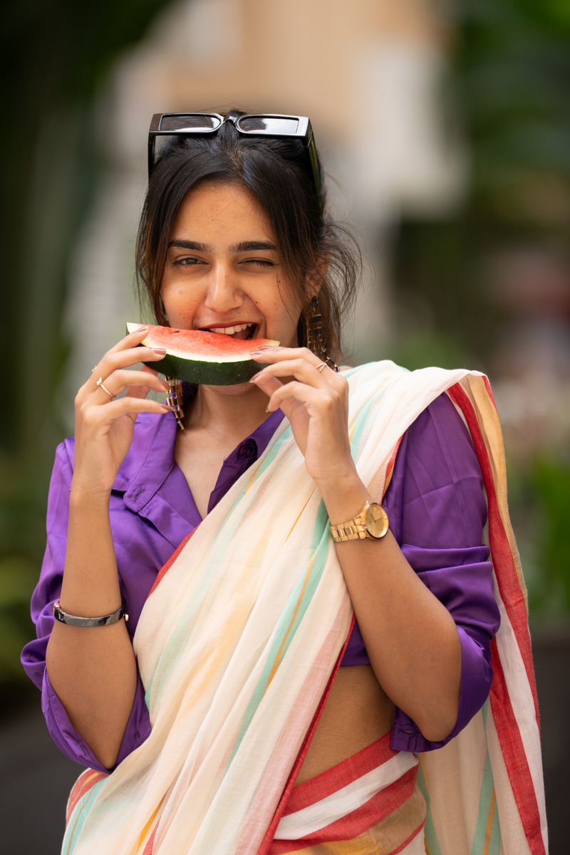 SAREEN Cream Striped Mal Cotton Saree with Multicolor Border & Tassels