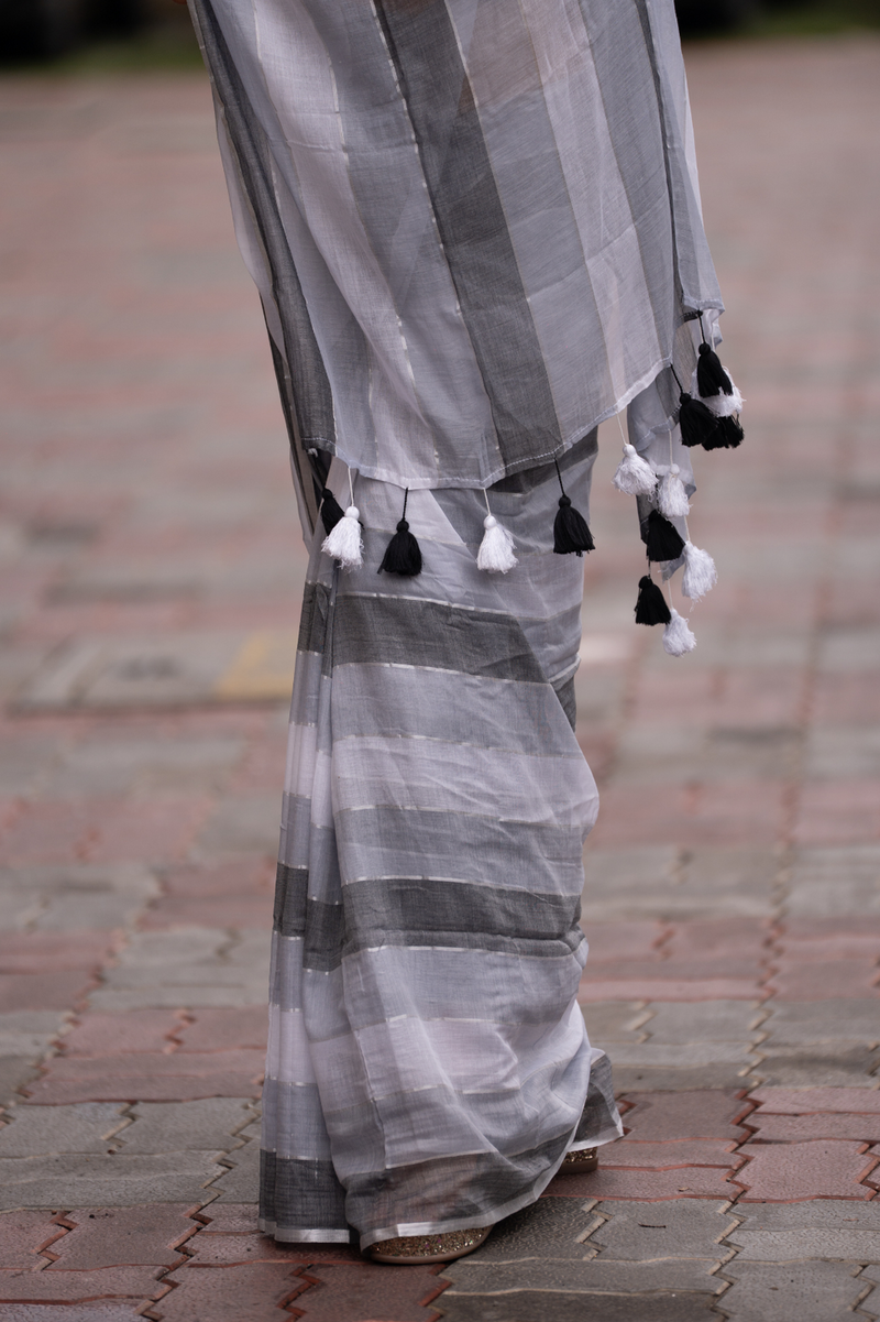 SAREEN Urban Grey Striped Mal Cotton Saree with Black & White Tassels