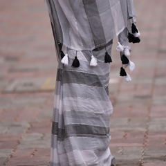 SAREEN Urban Grey Striped Mal Cotton Saree with Black & White Tassels