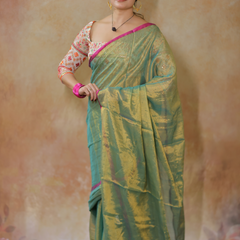 SAREEN Emerald Green Raga Cotton Tissue Saree with Golden Glow