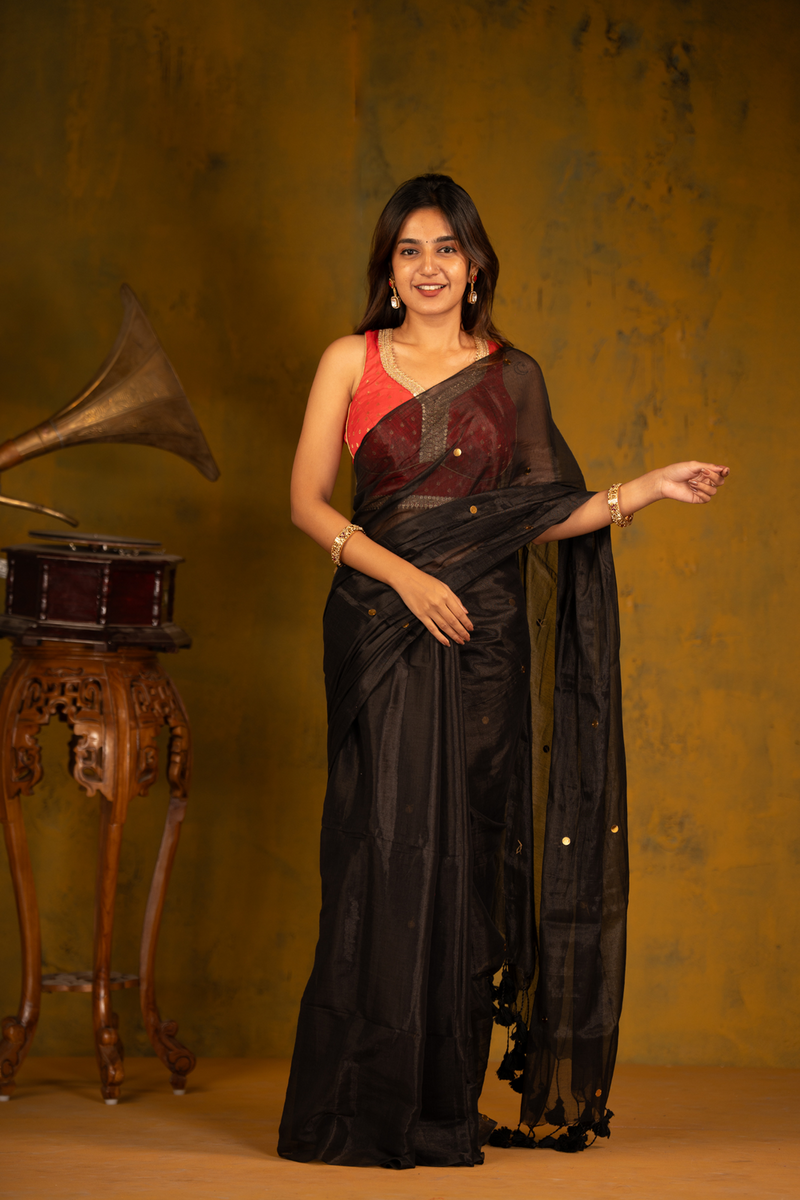 SAREEN Black Gini Raga Cotton Tissue Saree with Subtle Golden Dots