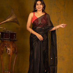 SAREEN Black Gini Raga Cotton Tissue Saree with Subtle Golden Dots