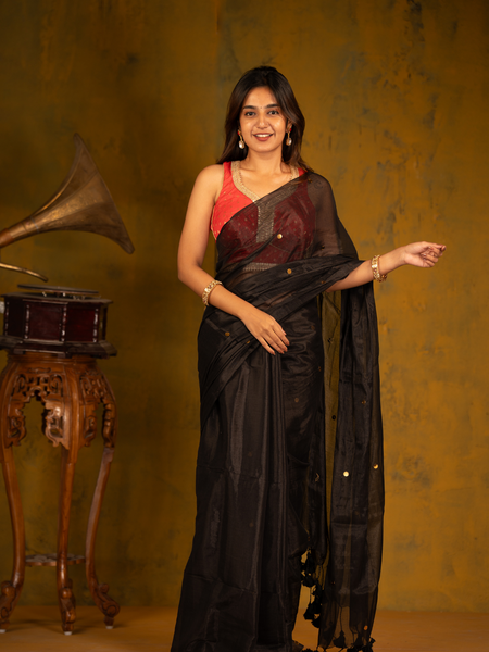 SAREEN Black Gini Raga Cotton Tissue Saree with Subtle Golden Dots