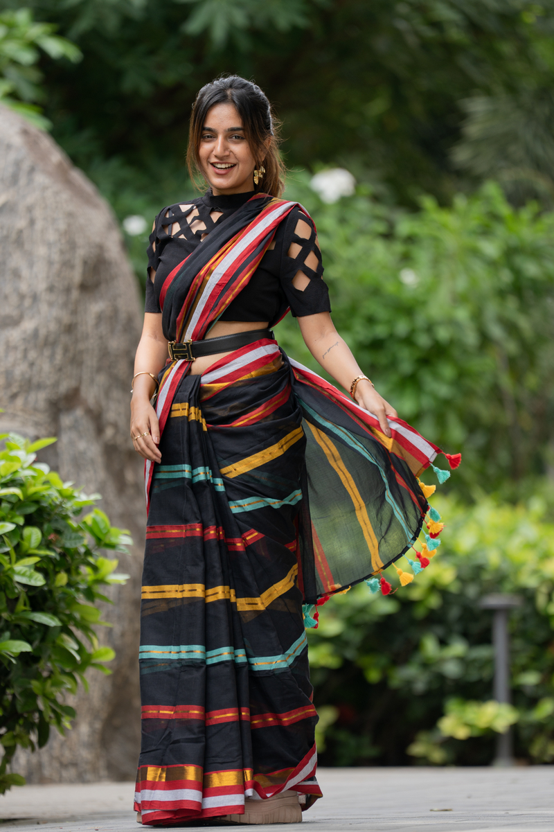 SAREEN Black Striped Mal Cotton Saree with Multicolor Border & Tassels