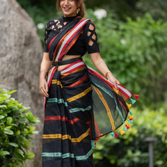 SAREEN Black Striped Mal Cotton Saree with Multicolor Border & Tassels