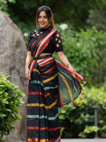 SAREEN Black Striped Mal Cotton Saree with Multicolor Border & Tassels