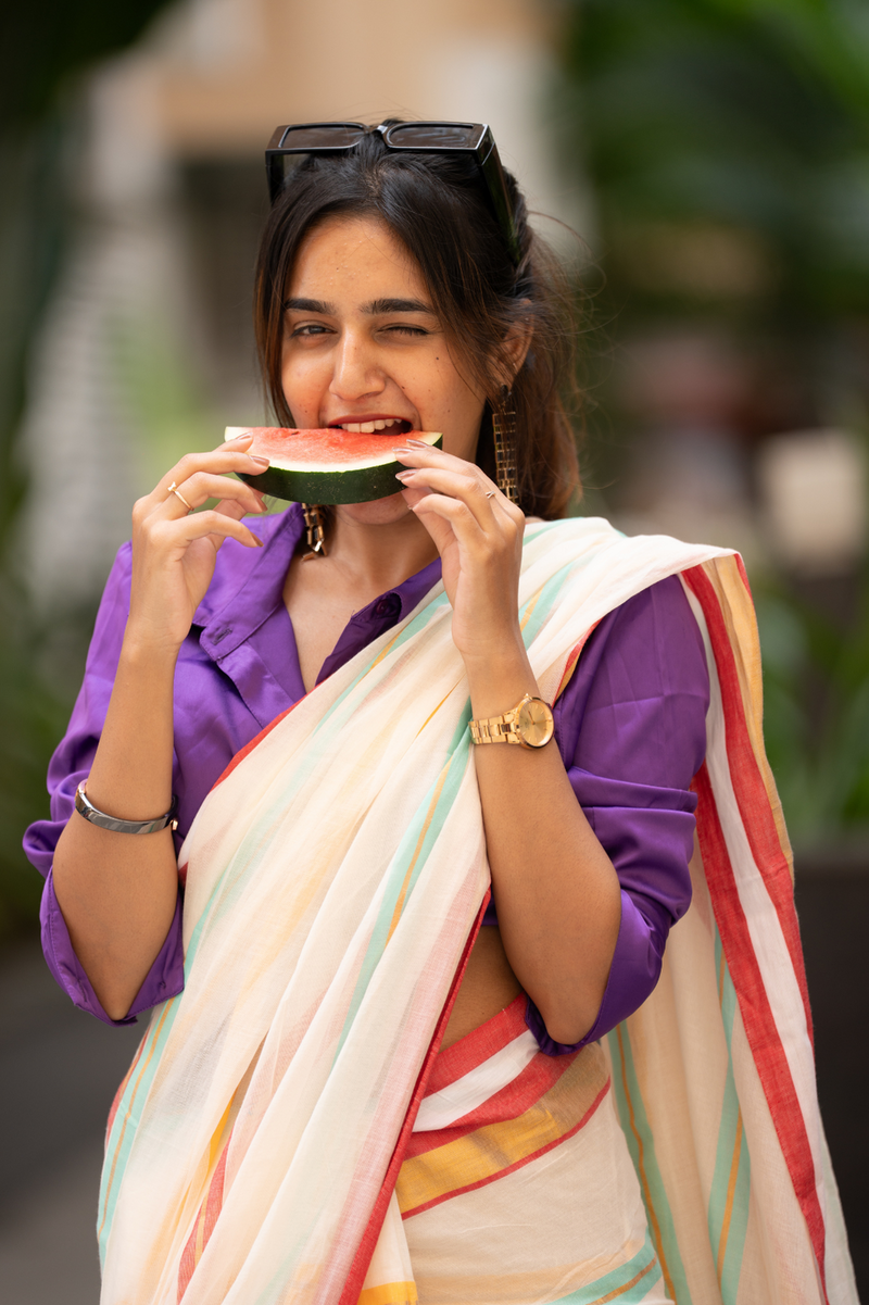 SAREEN Cream Striped Mal Cotton Saree with Multicolor Border & Tassels