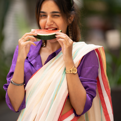 SAREEN Cream Striped Mal Cotton Saree with Multicolor Border & Tassels