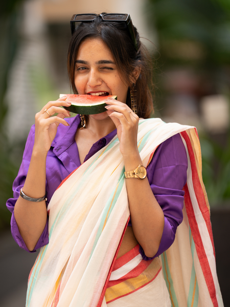 SAREEN Cream Striped Mal Cotton Saree with Multicolor Border & Tassels