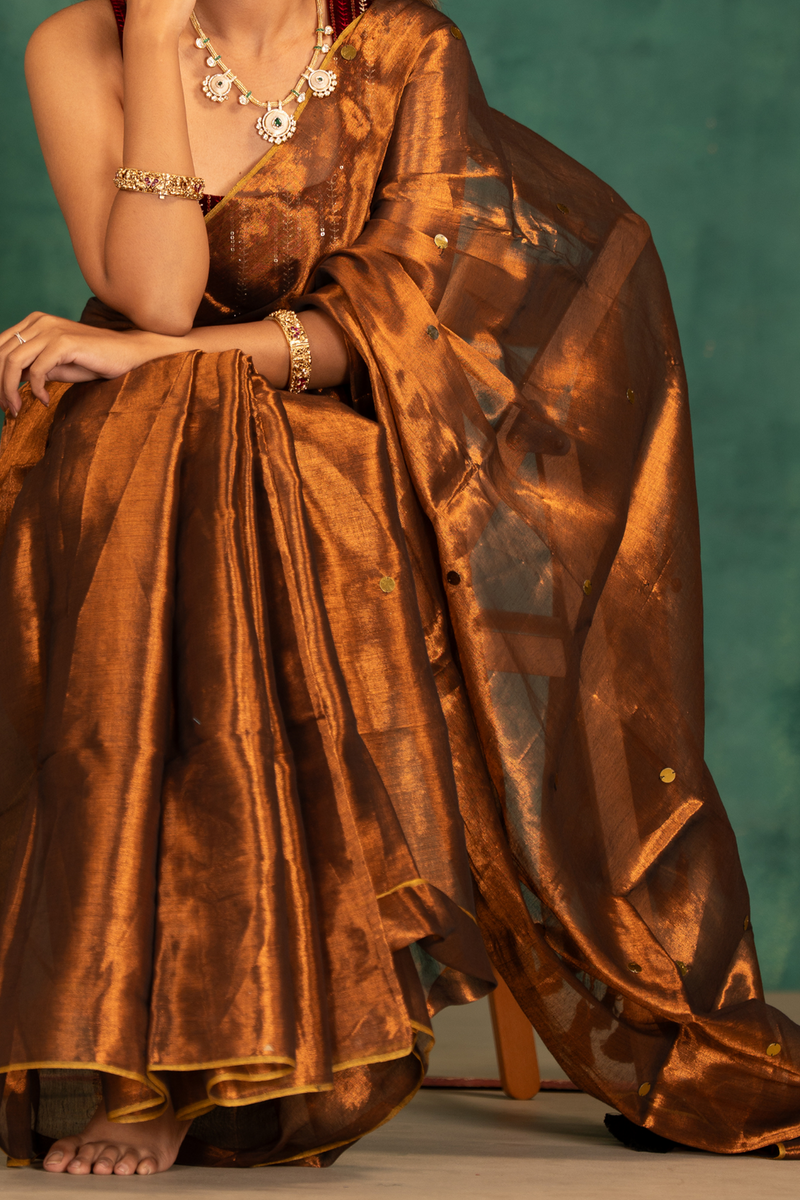 SAREEN Copper Bronze Gini Raga Cotton Tissue Saree with Subtle Gold Accents