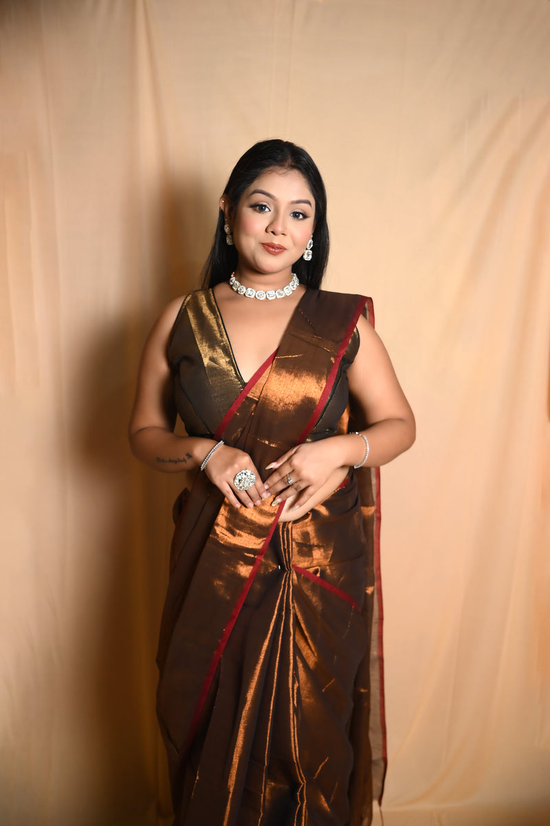 SAREEN Chocolate Brown Raga Cotton Tissue Saree with Elegant Red Border
