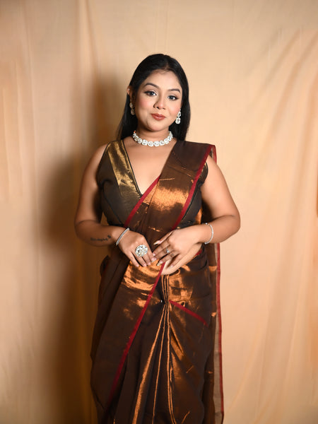 SAREEN Chocolate Brown Raga Cotton Tissue Saree with Elegant Red Border