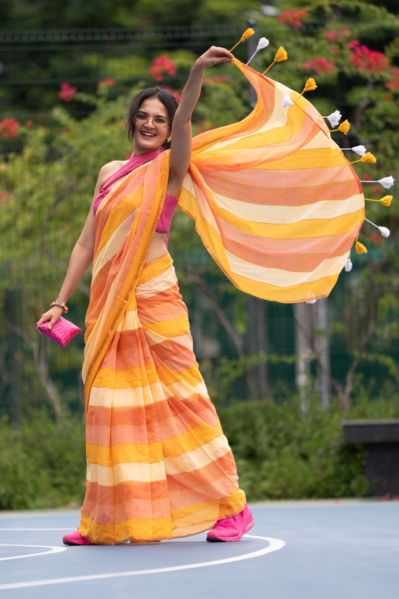 SAREEN Sunshine Yellow & Peach Striped Mal Cotton Saree with Tassel Pallu