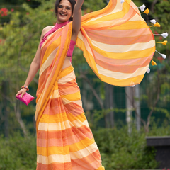 SAREEN Sunshine Yellow & Peach Striped Mal Cotton Saree with Tassel Pallu