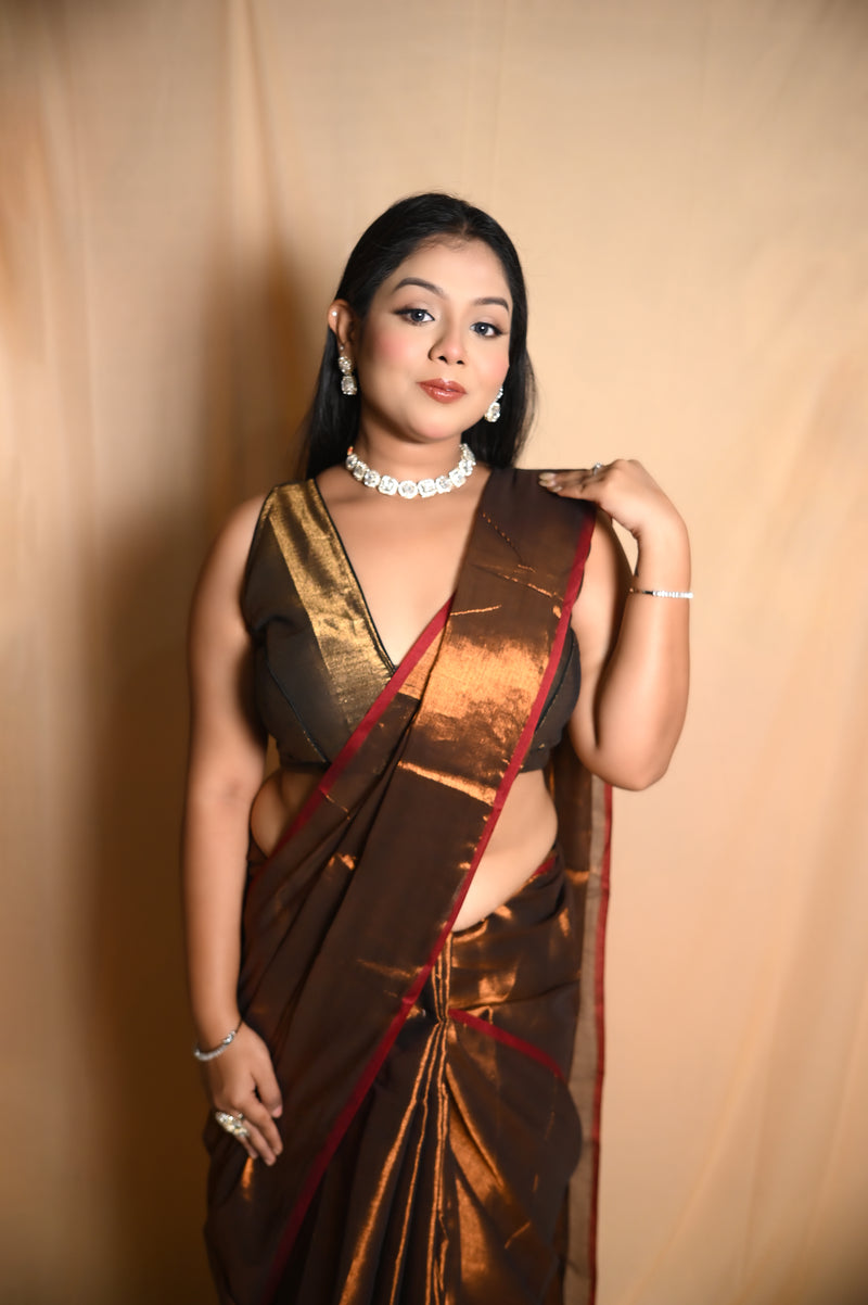SAREEN Chocolate Brown Raga Cotton Tissue Saree with Elegant Red Border