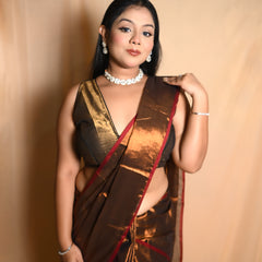 SAREEN Chocolate Brown Raga Cotton Tissue Saree with Elegant Red Border
