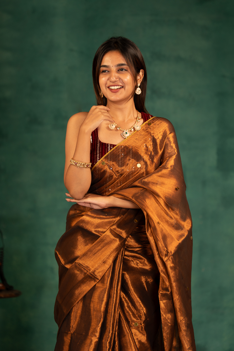 SAREEN Copper Bronze Gini Raga Cotton Tissue Saree with Subtle Gold Accents