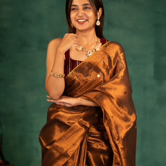 SAREEN Copper Bronze Gini Raga Cotton Tissue Saree with Subtle Gold Accents