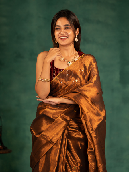 SAREEN Copper Bronze Gini Raga Cotton Tissue Saree with Subtle Gold Accents