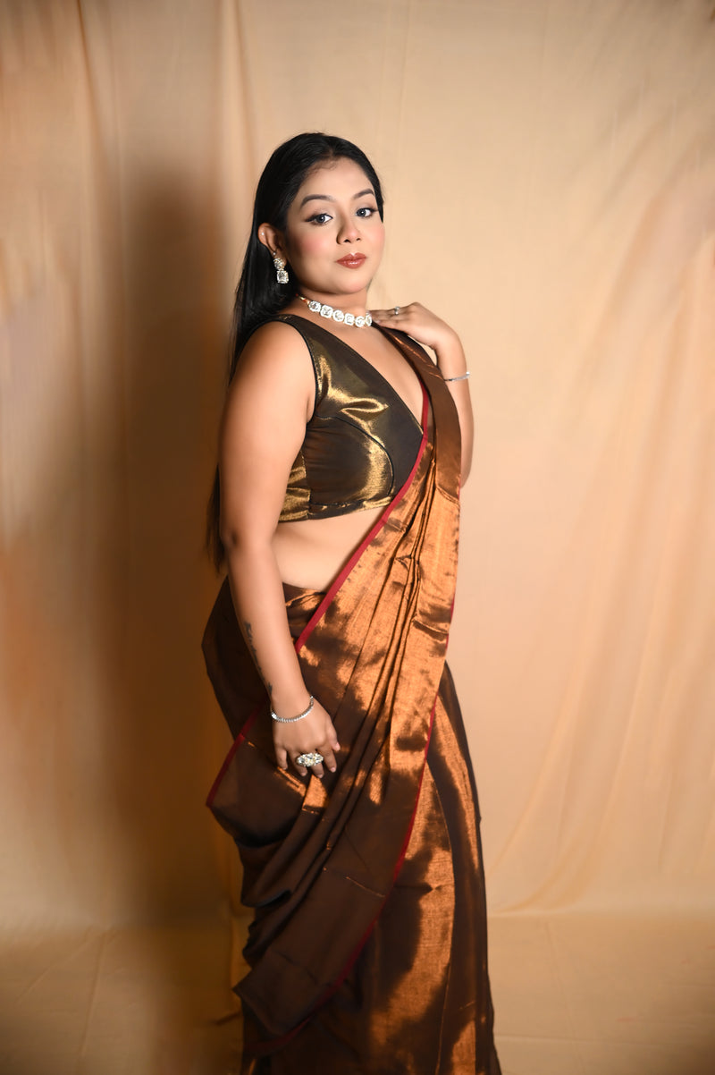 SAREEN Chocolate Brown Raga Cotton Tissue Saree with Elegant Red Border