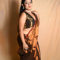 SAREEN Chocolate Brown Raga Cotton Tissue Saree with Elegant Red Border