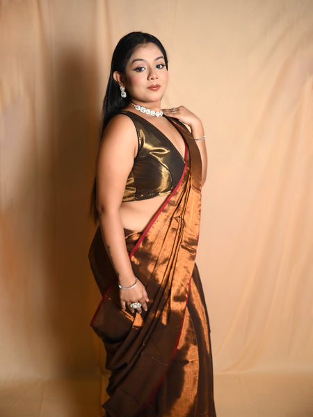 SAREEN Chocolate Brown Raga Cotton Tissue Saree with Elegant Red Border