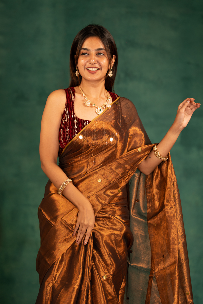 SAREEN Copper Bronze Gini Raga Cotton Tissue Saree with Subtle Gold Accents