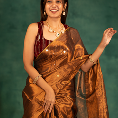 SAREEN Copper Bronze Gini Raga Cotton Tissue Saree with Subtle Gold Accents