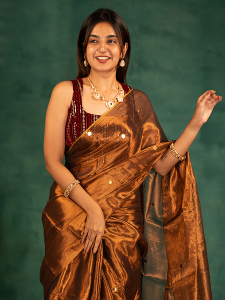SAREEN Copper Bronze Gini Raga Cotton Tissue Saree with Subtle Gold Accents