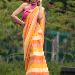 SAREEN Sunshine Yellow & Peach Striped Mal Cotton Saree with Tassel Pallu
