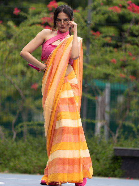 SAREEN Sunshine Yellow & Peach Striped Mal Cotton Saree with Tassel Pallu