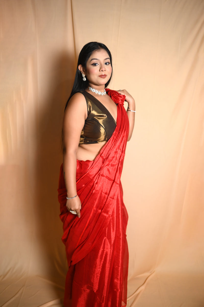 SAREEN Scarlet Red Raga Cotton Tissue Saree with Elegant Sheen