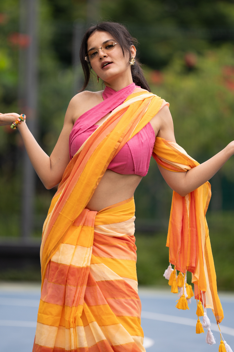 SAREEN Sunshine Yellow & Peach Striped Mal Cotton Saree with Tassel Pallu