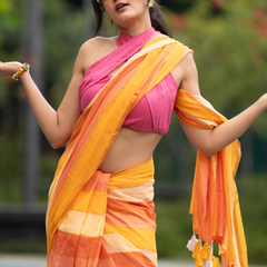 SAREEN Sunshine Yellow & Peach Striped Mal Cotton Saree with Tassel Pallu