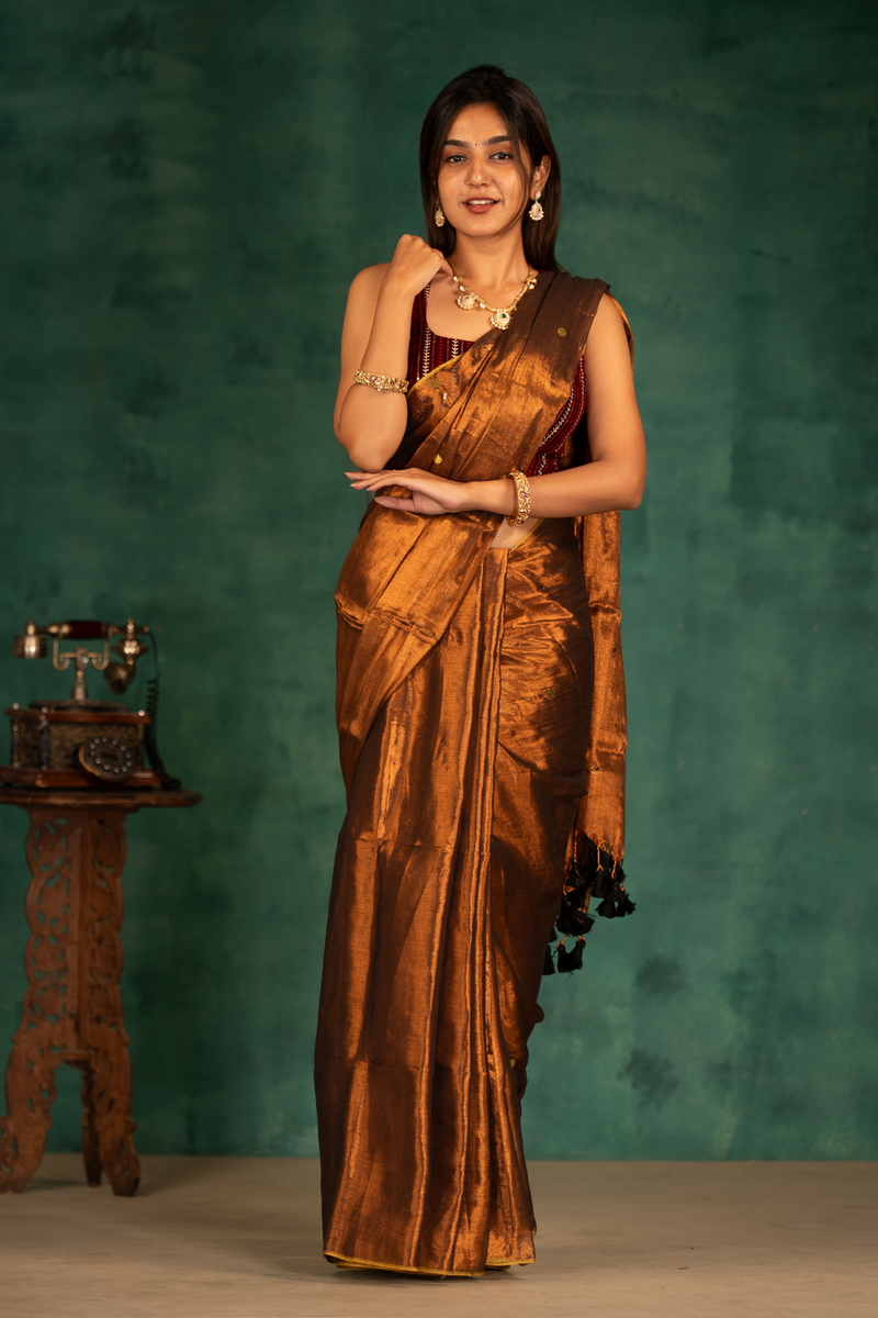 SAREEN Copper Bronze Gini Raga Cotton Tissue Saree with Subtle Gold Accents