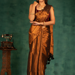 SAREEN Copper Bronze Gini Raga Cotton Tissue Saree with Subtle Gold Accents