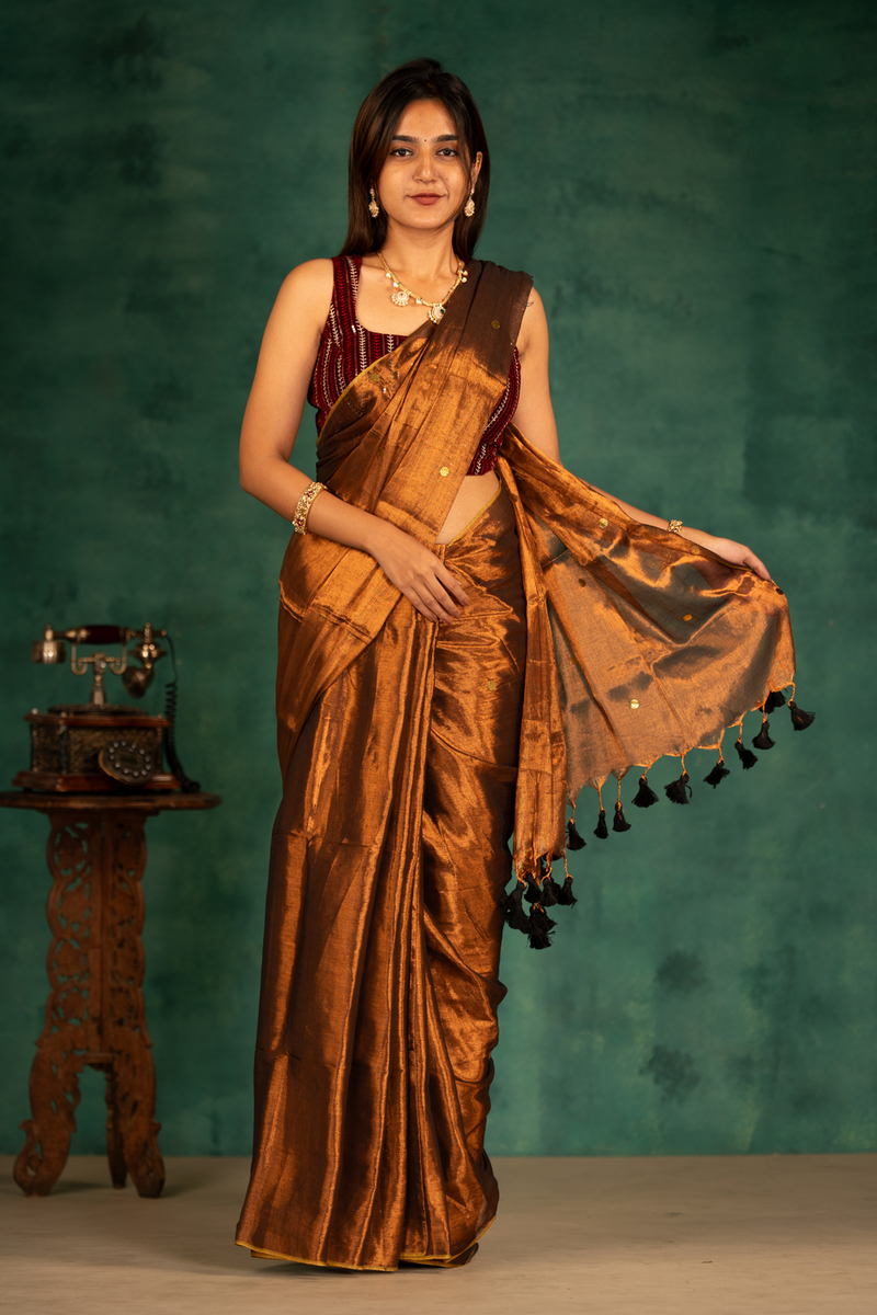 SAREEN Copper Bronze Gini Raga Cotton Tissue Saree with Subtle Gold Accents