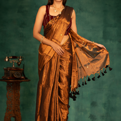 SAREEN Copper Bronze Gini Raga Cotton Tissue Saree with Subtle Gold Accents