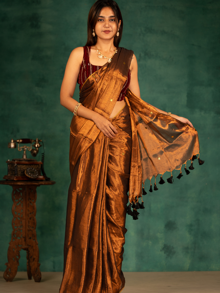 SAREEN Copper Bronze Gini Raga Cotton Tissue Saree with Subtle Gold Accents