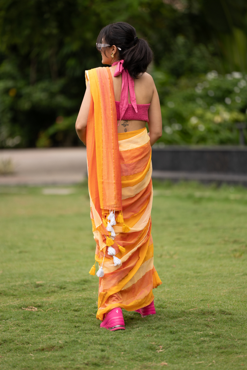 SAREEN Sunshine Yellow & Peach Striped Mal Cotton Saree with Tassel Pallu