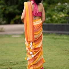 SAREEN Sunshine Yellow & Peach Striped Mal Cotton Saree with Tassel Pallu