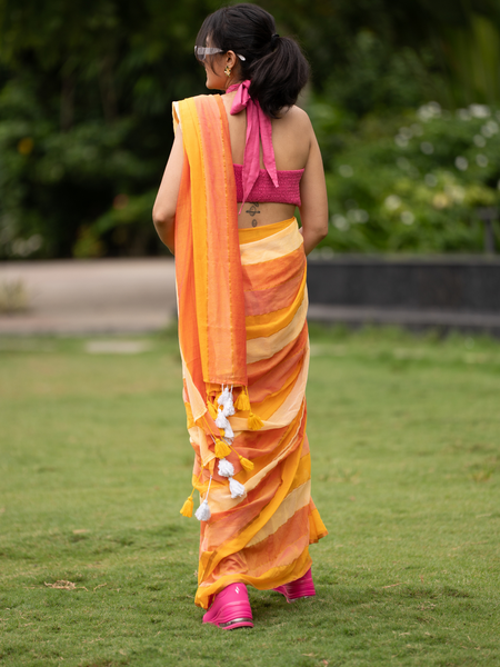 SAREEN Sunshine Yellow & Peach Striped Mal Cotton Saree with Tassel Pallu