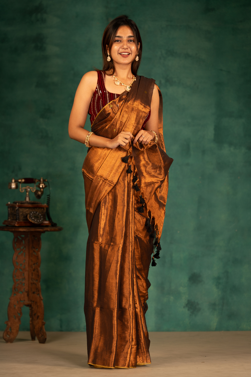 SAREEN Copper Bronze Gini Raga Cotton Tissue Saree with Subtle Gold Accents