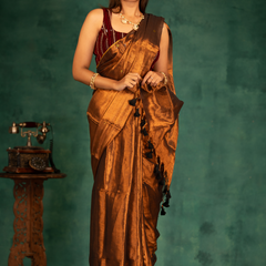 SAREEN Copper Bronze Gini Raga Cotton Tissue Saree with Subtle Gold Accents