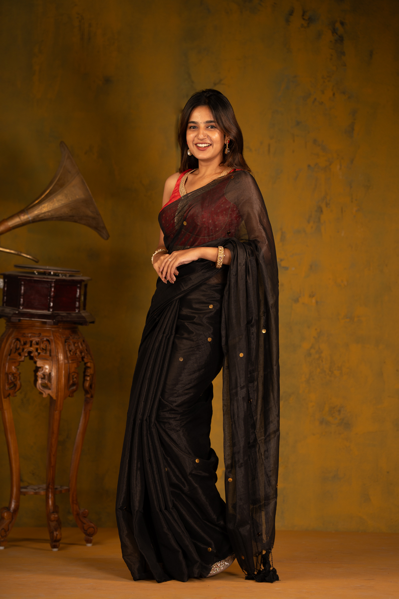 SAREEN Black Gini Raga Cotton Tissue Saree with Subtle Golden Dots