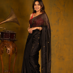 SAREEN Black Gini Raga Cotton Tissue Saree with Subtle Golden Dots